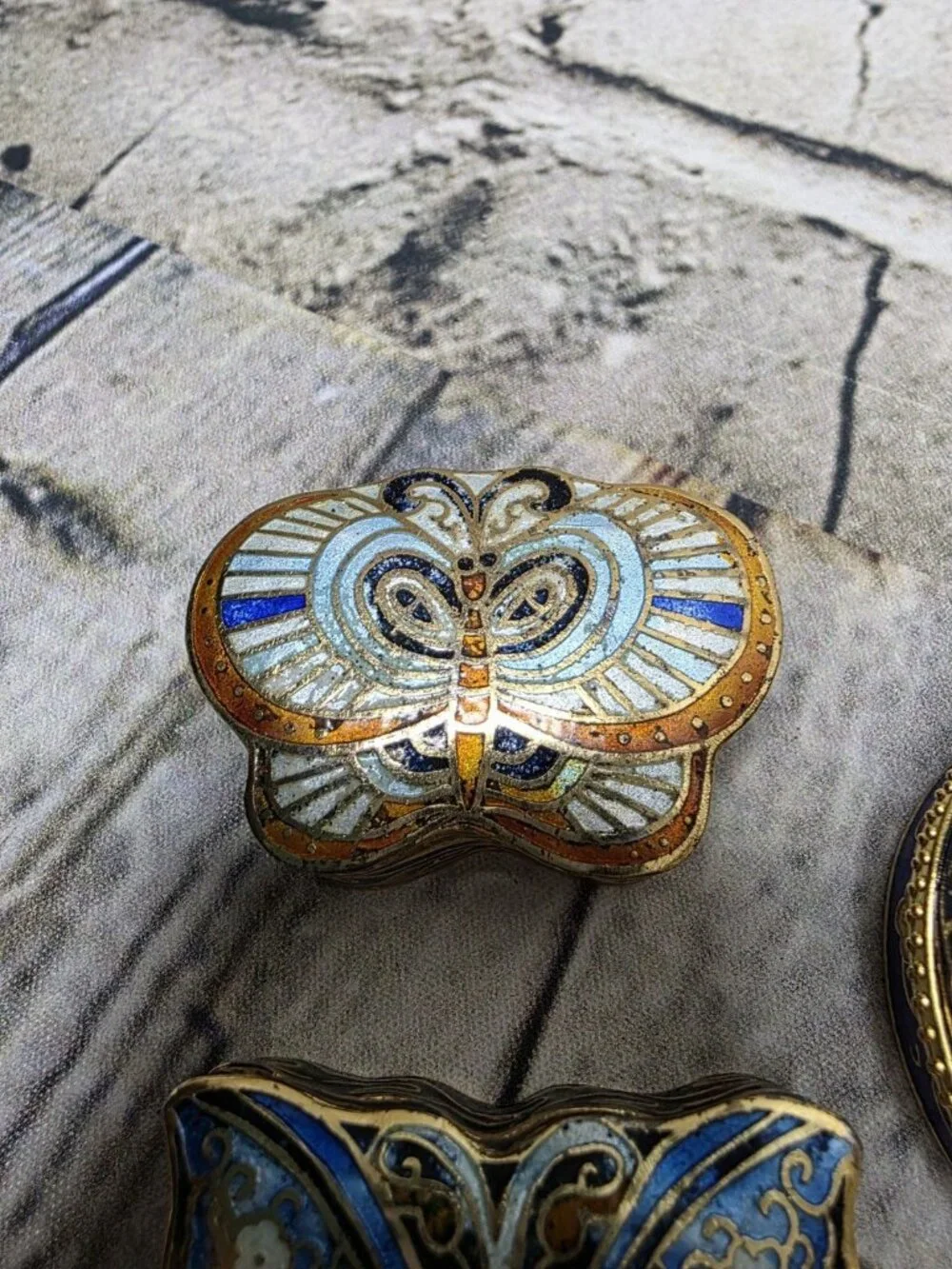 Vintage Cloisonne Enameled Pill Trinket Boxes Butterfly Floral Set Of 3 Blues